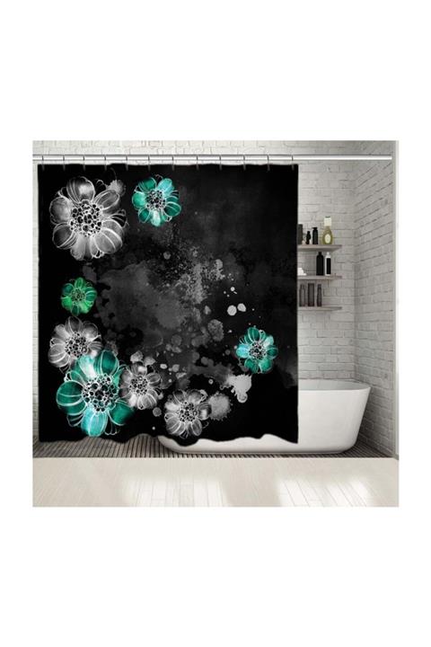 Henge Home Baskılı Duş Perde Siyah Arka Plan Etkili Turkuaz Ve Gri Çiçek Desenli
