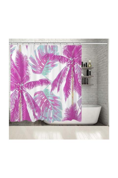 Henge Home Baskılı Duş Perde Beyaz Arka Plan Etkili Pembe Ve Turkuaz Palmiye Desenli