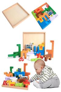 RoseRoi Ahşap Hayvanlar Animals Puzzle Yapboz Bultak Tetris Eğitici Oyuncak