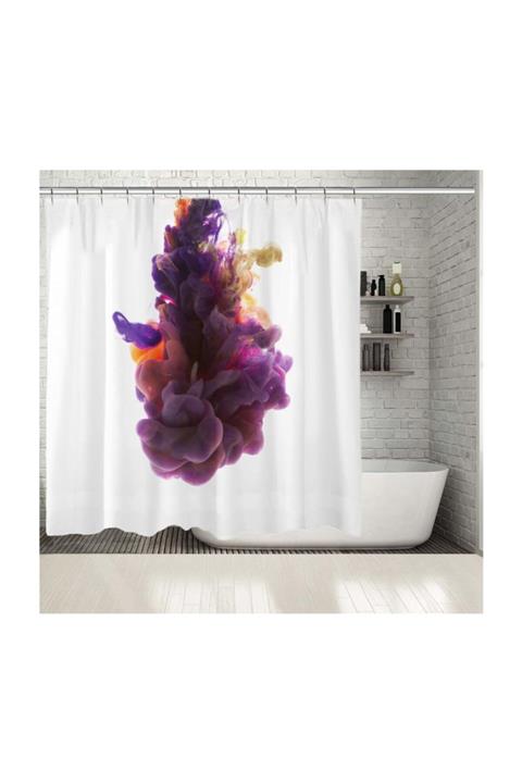 Henge Home Baskılı Duş Perde Suda Mor Turuncu Boya Deseni