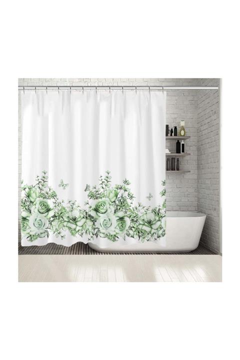 Henge Home Baskılı Duş Perde Yeşil Güller Ve Dal Etkili Kelebek Desenli