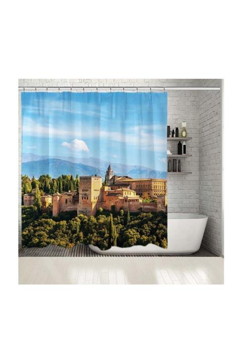Henge Home Baskılı Duş Perde İspanya Yeşil Alhambra Sarayı Manzaralı