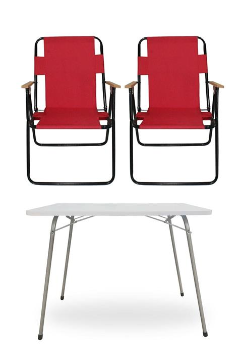 Magazza Kırmızı Ahşap Kollu Katlanır Piknik Kamp Sandalyesi Ve Piknik Masası Set 2 Sandalye 1 Masa