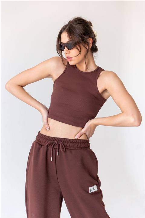 Bases Kahverengi Halter Yaka Fitilli Crop Örme Atlet