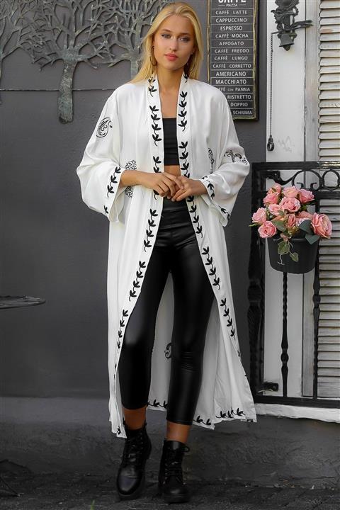 Chiccy Kadın Beyaz Mandala Nakışlı Yanları Yırtmaçlı Kuşaklı Dokuma Uzun Kimono M10210400KM99862