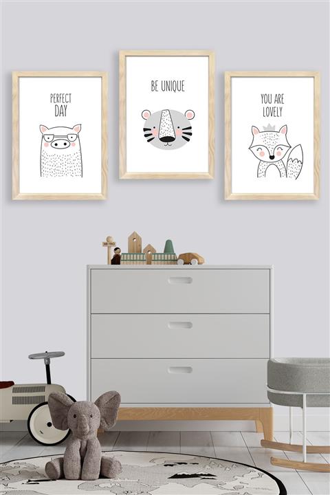 Zep Home Zephome Çocuk Odası Doğal Ahşap Çerçeveli 3lü Poster Seti Sevimli Hayvanlar Zk822445485194