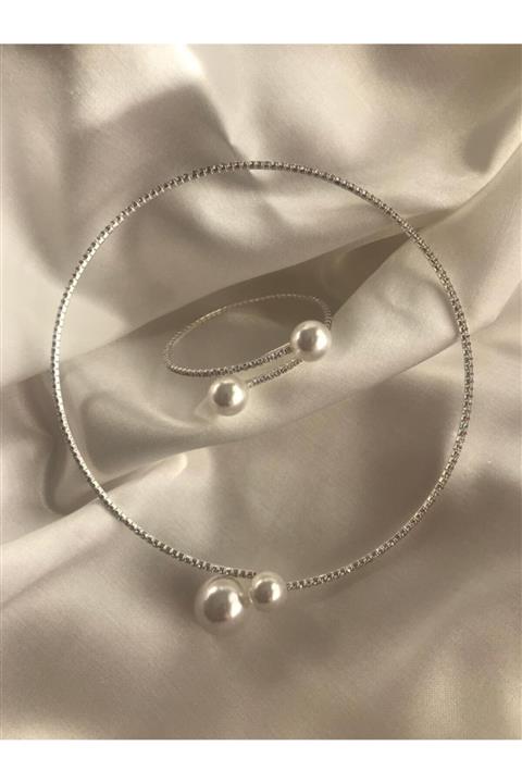 By İncifer Kadın Gümüş Incili Su Yolu Set Silver Takım