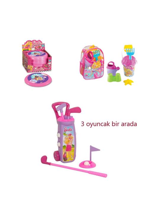 DEDE Barbie Golf Arabası Seti - Barbie Resimli Sırt Çantalı Plaj Set - Barbie Frizbi