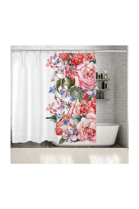 Henge Home Baskılı Duş Perde Botanik Sümbül Çiçek Desenli Mor