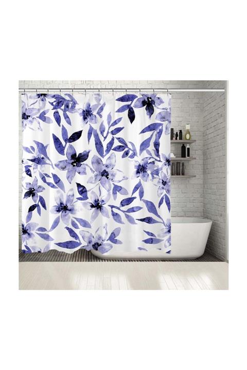 Henge Home Baskılı Duş Perde Sulu Boya Etkili Çiçek Desenli Mor