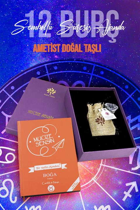 asha vibes Boğa Burcu Kapaklı Süresiz Tarihsiz Ajanda. Ametist Taş Hediyeli, Kutulu. 192 Sayfa, 25x17 cm