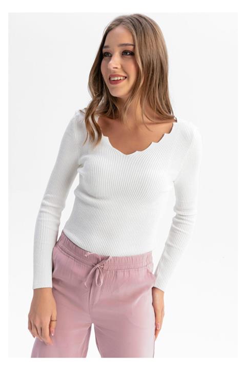 TIFFANY&TOMATO Merdiven Yaka Uzun Kollu Triko Kazak-ekru