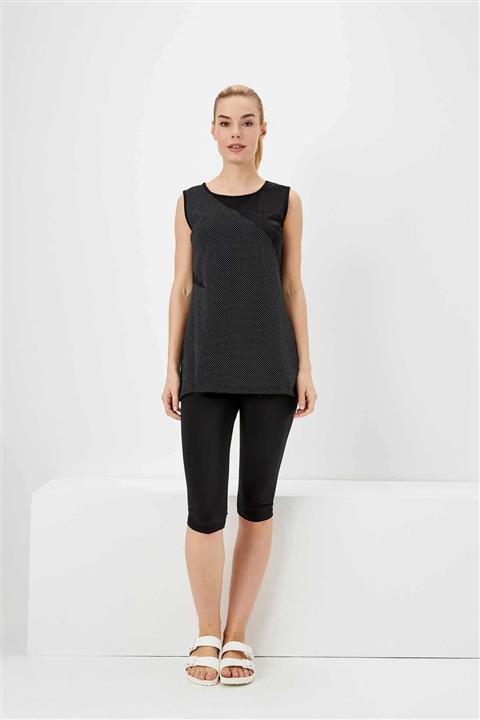 Haşema Puantiyeli Sıfır Kol Siyah Havuz Mayo