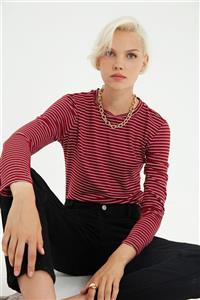 TRENDYOLMİLLA Kırmızı Çizgili Basic Uzun Kol Örme T-shirt TWOAW20TS0097