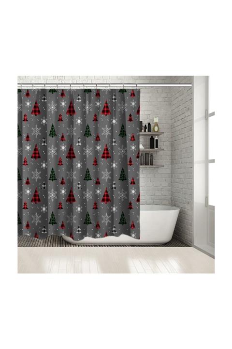 Henge Home Yeşil Kırmızı Ekose Çam Desenli Gri Zeminli Desen Duşperdesi