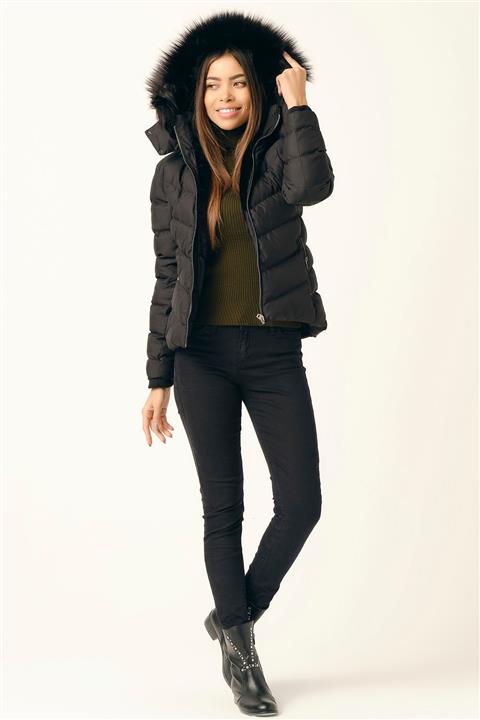 PIQUE Kadın Siyah Suni Kürklü Kapüşonlu Şişme Mont Beste Kadın Şişme Mont