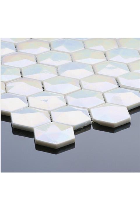 Aben Cam Mozaik Altıgen Düz Renk Fileli Mrn 002 Sedefli Beyaz Duvar Ve Mutfak Dekoru