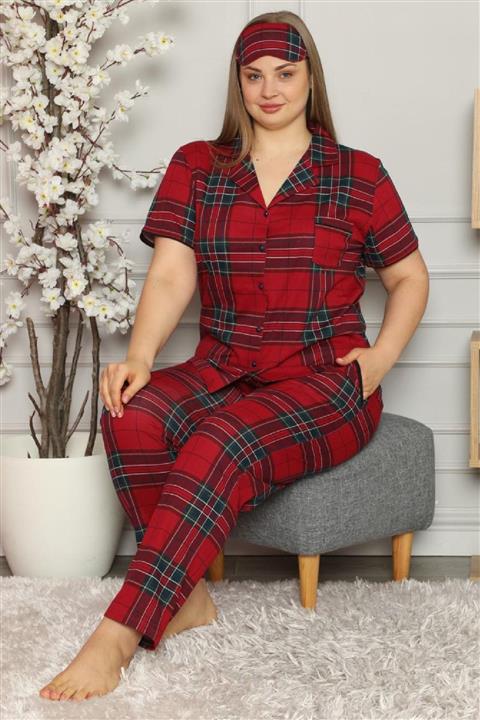 PİJAMAWOME Kadın Bordo Büyük Beden Pamuklu Önden Düğmeli Ekoseli Yazlık Pijama Takımı