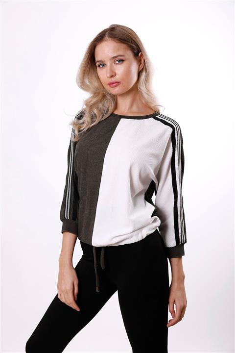 Cliche Kadın Parçalı Haki Beyaz Spor Triko Kazak