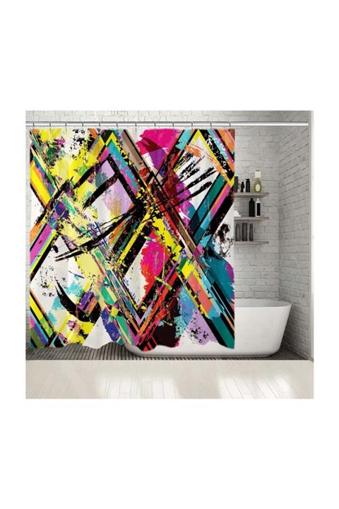 Henge Home Baskılı Duş Perde Yağlı Boya Etkili Renkli Baklava Desenli