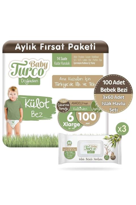 Baby Turco Doğadan Külot Bez 6 Numara Xlarge 100 Adet + 3x60 Doğadan Islak Havlu Seti