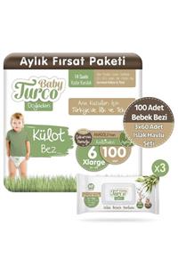 Baby Turco Doğadan Külot Bez 6 Numara Xlarge 100 Adet + 3x60 Doğadan Islak Havlu Seti