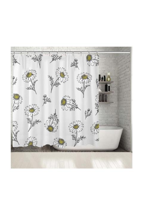 Henge Home Baskılı Duş Perde Dağınık Papatya Desenli Beyaz Sarı