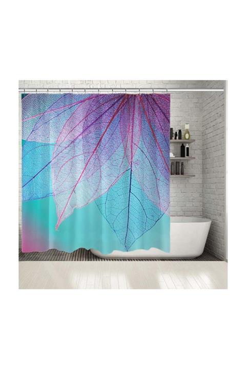 Henge Home Baskılı Duş Perde Mavi Mor Yaprak Deseni