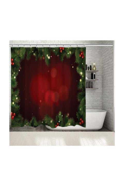 Henge Home Baskılı Duş Perde Noel Ağacı Temalı Kahverengi Kırmızı
