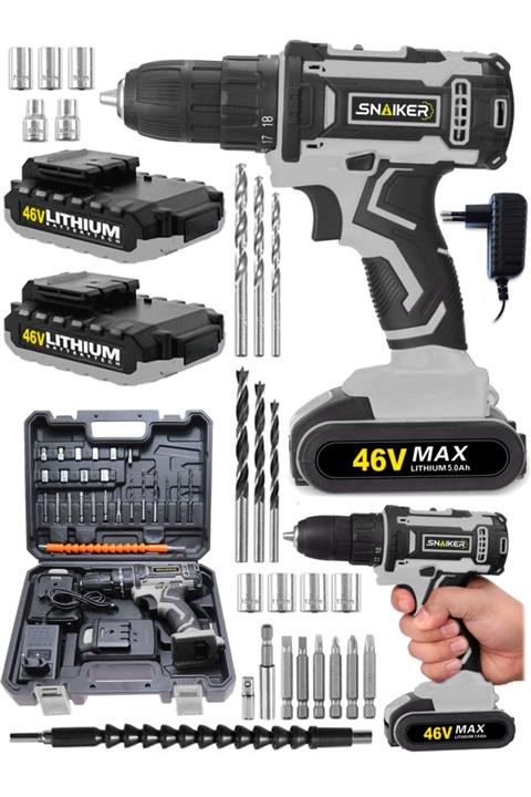 snaiker Alman 46 V 5 Ah Master Darbeli Çift Metal Şanzuman Bakır Sargili Şarjlı Çift Akülü Vidalama Matkap