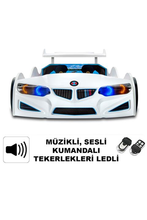 Arabalı Yatak Bmw - Full - Araba Karyola - Tekerleri Ledli - Beyaz