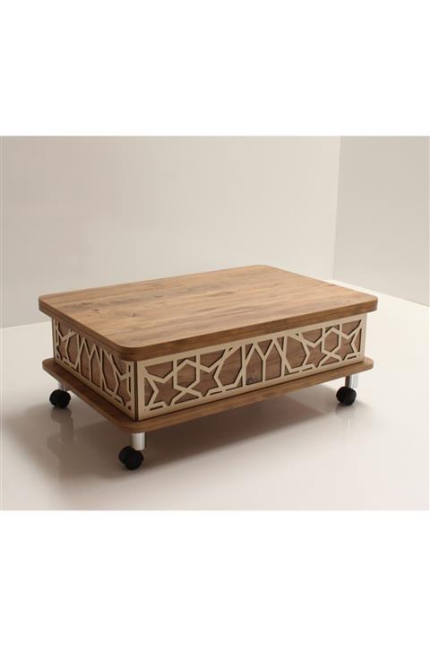 kolex Çam Renk Akıllı Açılabilir Sehpa 3 Kademeli Tekerli