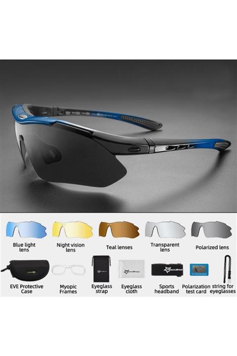 Schulzz Rockbros Polarize Uv Korumalı Mavi 5 Lensli Bisiklet Gözlüğü