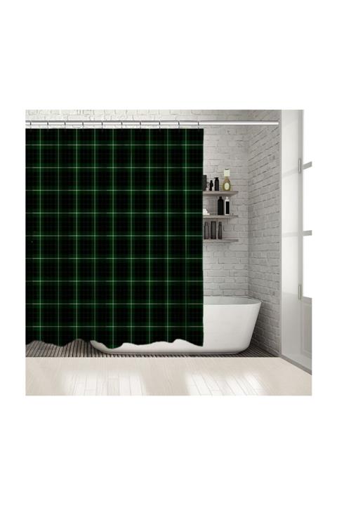 Henge Home Baskılı Duş Perde Noel Yılbaşı Yeşil Siyah Beyaz Tartan Ekose Desenli