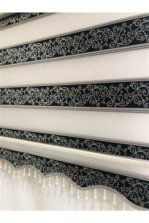 yağmur zebra Gümüş Sim Detaylı Sarmaşık Desenli Boncuklu Zebra Stor Perde