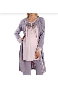 GRAND EFE Putra - Gri Penye Dantelli Lohusa Hamile 3 Lü Set Pijama Takımı