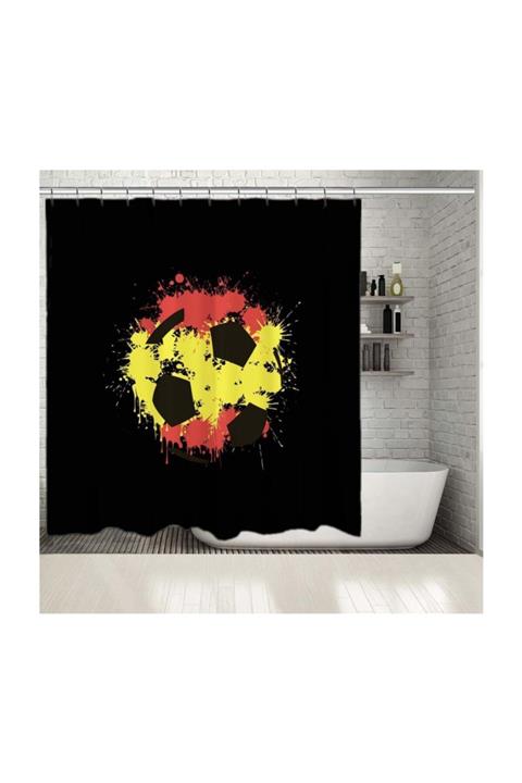 Henge Home Baskılı Duş Perde Renkli Futbolcu Topu Deseni Mavi Sarı Mor