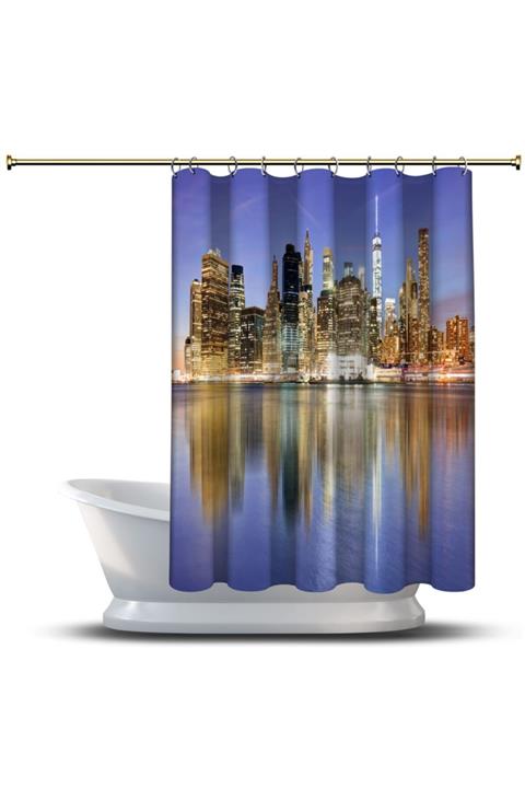 AssosHome Banyo Duş Perdesi Tasarım Dekor New York Şehir Manzara Gece Deniz Dijital Baskılı En 175 cm