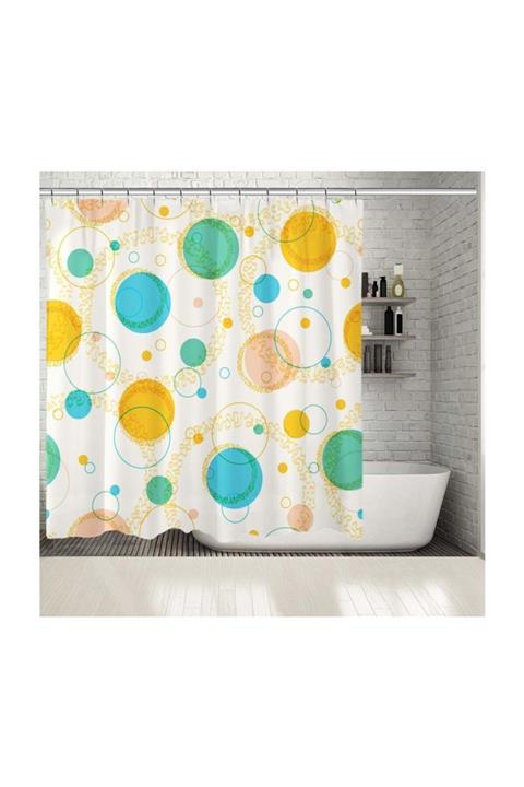 Henge Home Baskılı Duş Perde Mavi Sarı Yeşil Çember Desenli