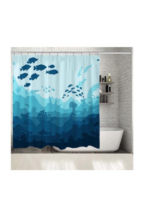 Henge Home Baskılı Duş Perde Deniz Altı Mavi Balık Desenli