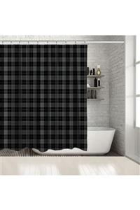 Henge Home Baskılı Duş Perde Siyah Gri İnce Yeşil Çizgili Tartan Ekose Desenli