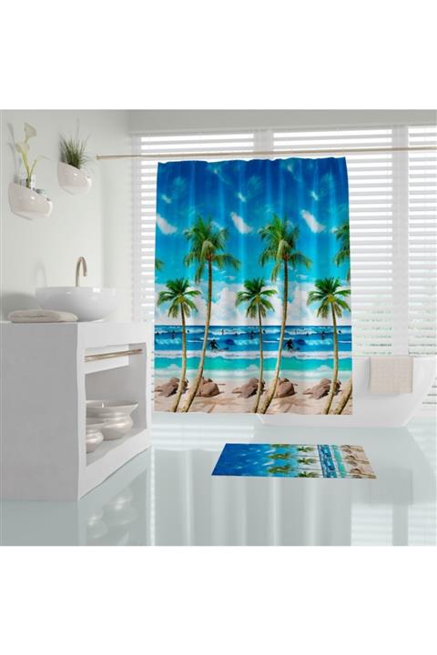 Tropikhome Banyo Perdesi Palmiye Desen Banyo Perdesi Yerli Üretim 180x200 Cm Duş Perdesi C-halka Hediye