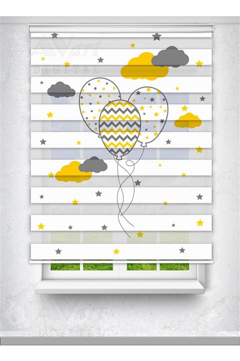 Avart Digital Uçan Balon Ve Bulut Baskılı Çocuk Odası Perdesi - Baskılı Zebra Perde