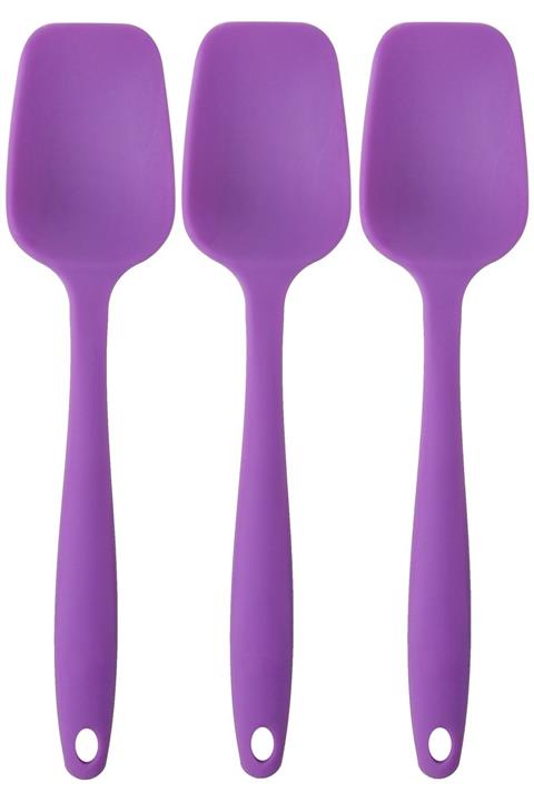 Kitchen Design Lab Büyük Boy Yanmaz Silikon Düz Kaşık Spatula Seti 3 Parça - Spatula Düz Kaşık 3'lü Set Silikon Mor