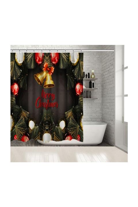 Henge Home Baskılı Duş Perde Yılbaşı Noel Süsleri İle Çam Dalları Merry Christmas