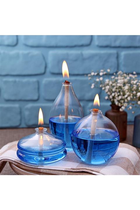 TarzzHome Mix Cam Kandil 3 Lü + Kandil Yağı Buz Mavi