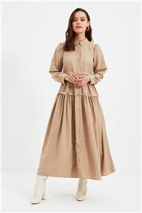 Trendyol Modest Bej Gömlek Yaka Elbise TCTAW22EB0015