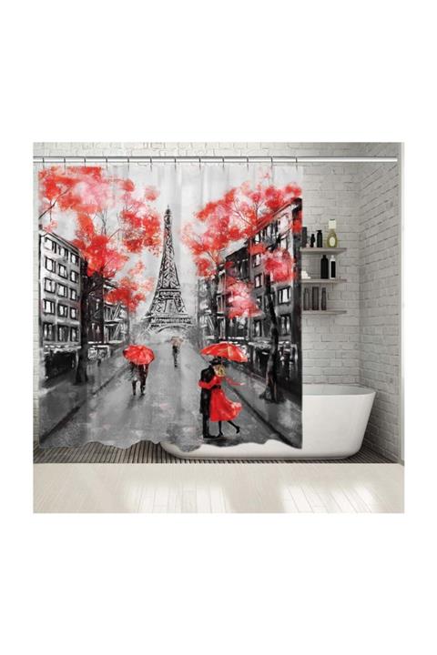Henge Home Baskılı Duş Perde Yağlıboya Avrupa Şehri Manzarası Kırmızı Desenli
