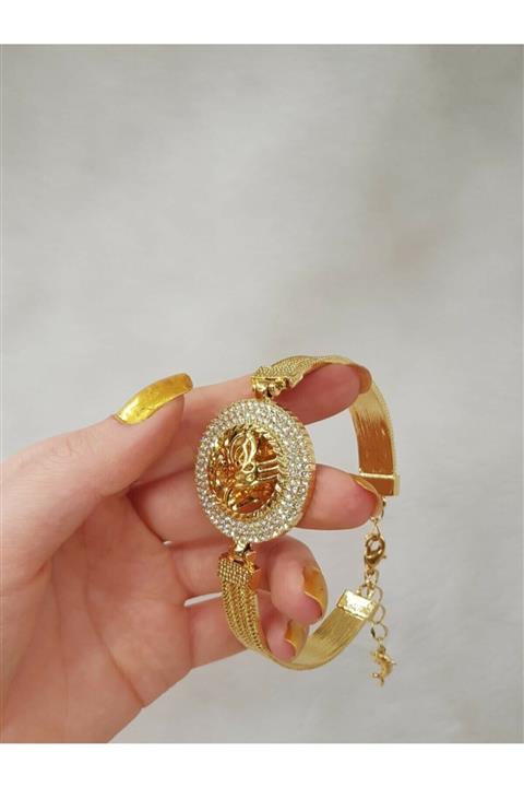 Yıldız Gold İmitasyon 22 Ayar Altın Kaplama Zirkon Taşlı Tuğralı Hasır Kelepçe