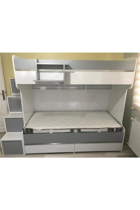 Duranlar Ahşap Mobilya Gri & Beyaz Çekmeceli Ranza (mdf)